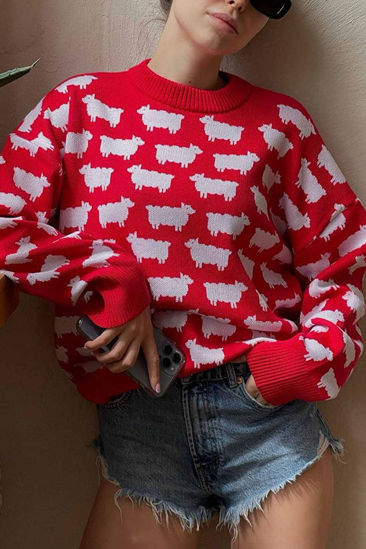 Sheep Crew Neck Long Sleeve Sweater