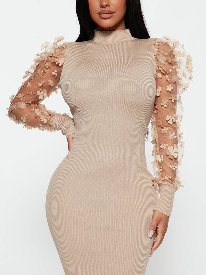 Mesh Puff Sleeve Ribbed Midi Dress Khaki / S