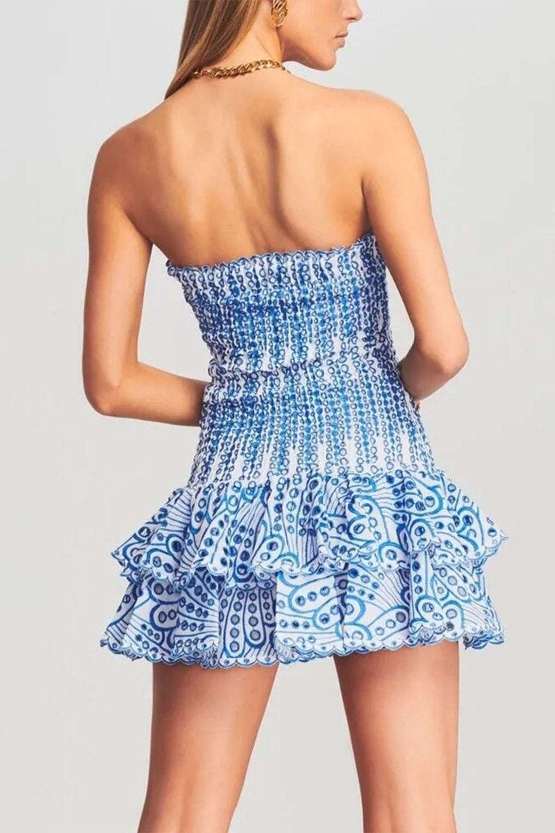Shirred Off-The-Shoulder Embroidery Tiered Dress Wine Red · L