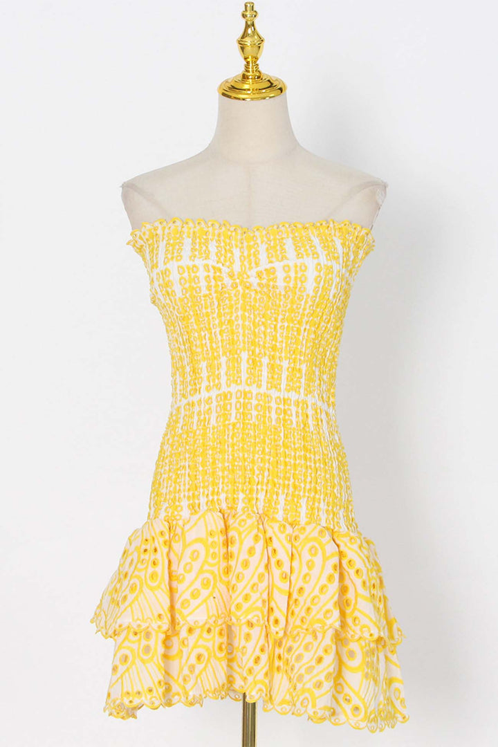 Shirred Off-The-Shoulder Embroidery Tiered Dress White · M