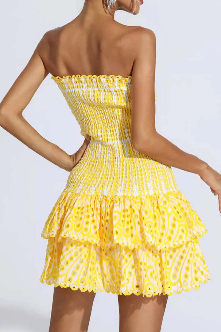 Shirred Off-The-Shoulder Embroidery Tiered Dress Blue · M