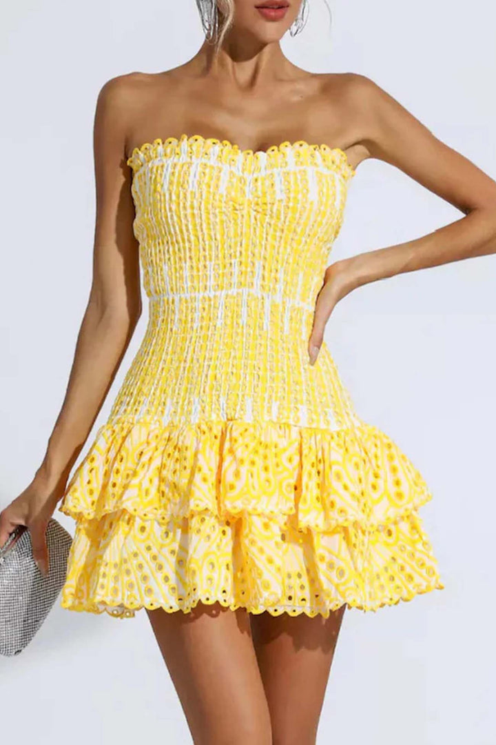 Shirred Off-The-Shoulder Embroidery Tiered Dress White · S