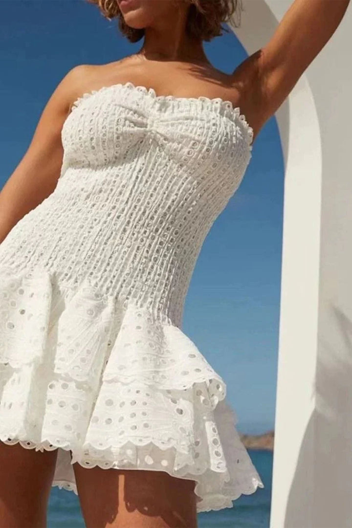 Shirred Off-The-Shoulder Embroidery Tiered Dress