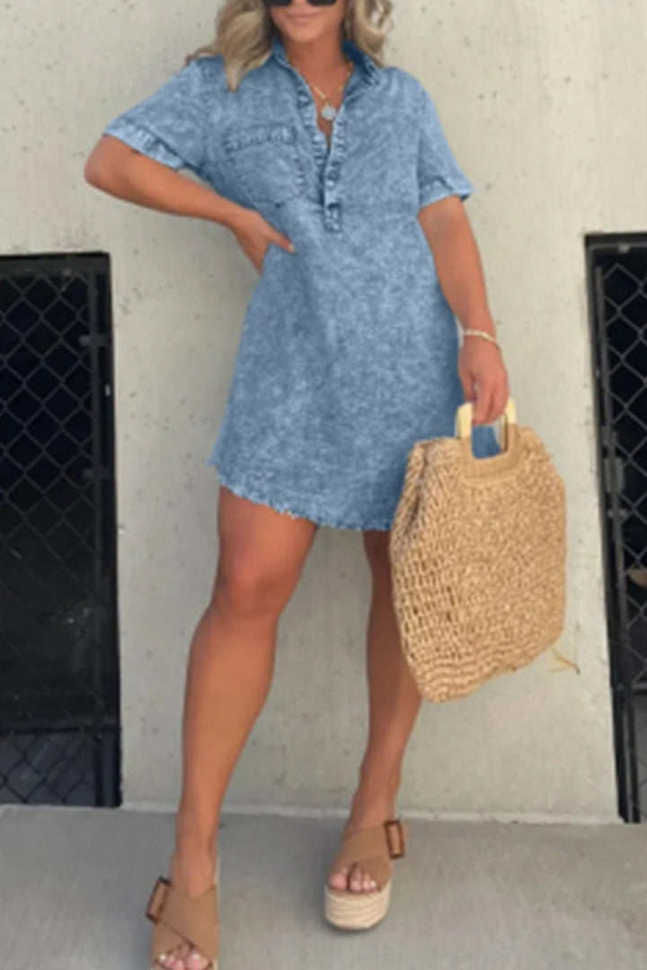 Shirt Collar Raw Edge Denim Dress Pink · S