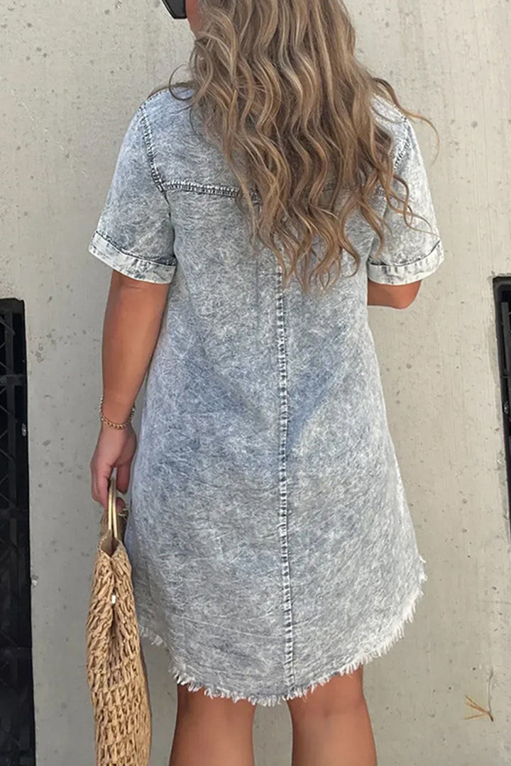 Shirt Collar Raw Edge Denim Dress Grey · M