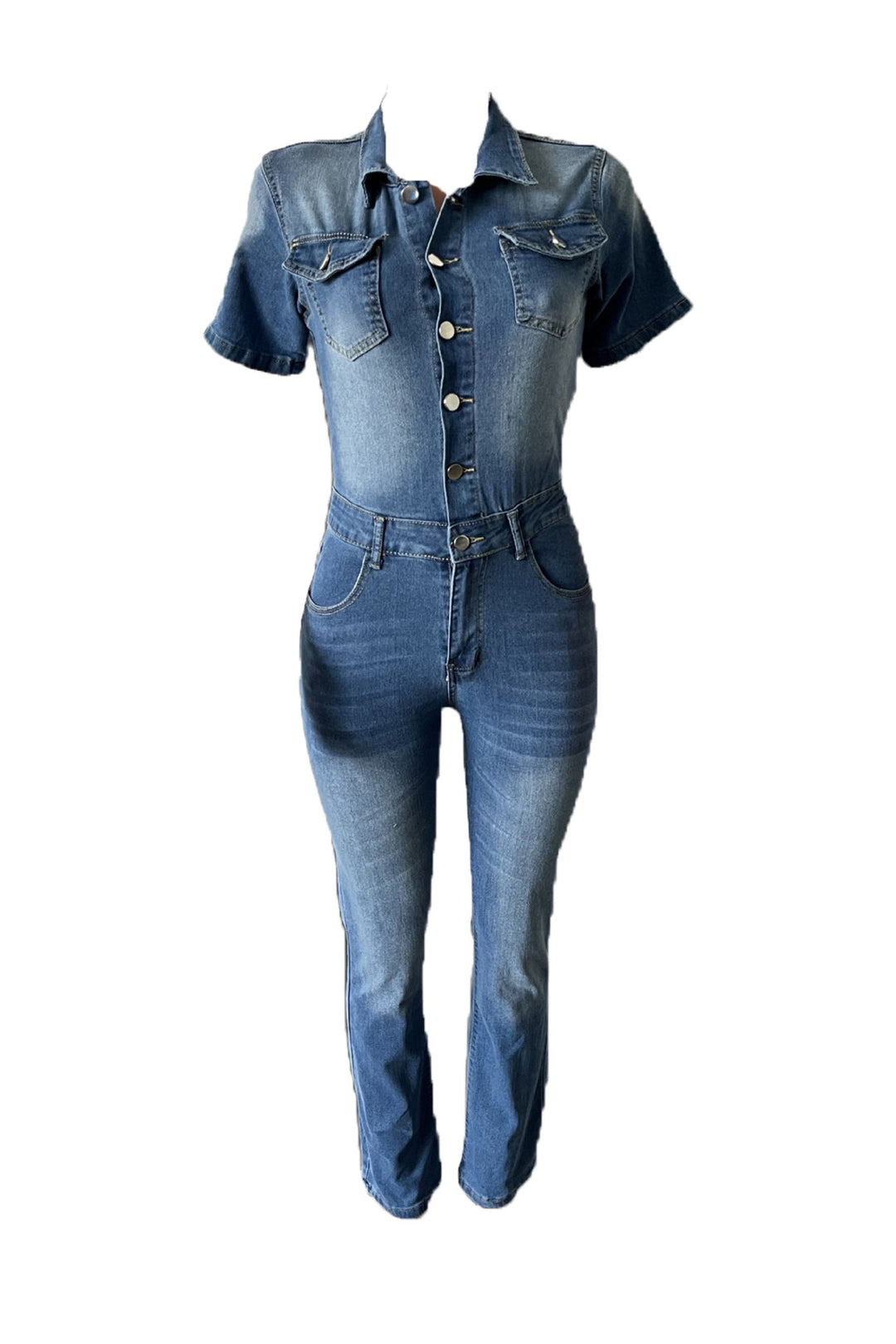 Short Sleeve High Waist Denim Jumpsuits Blue · XL