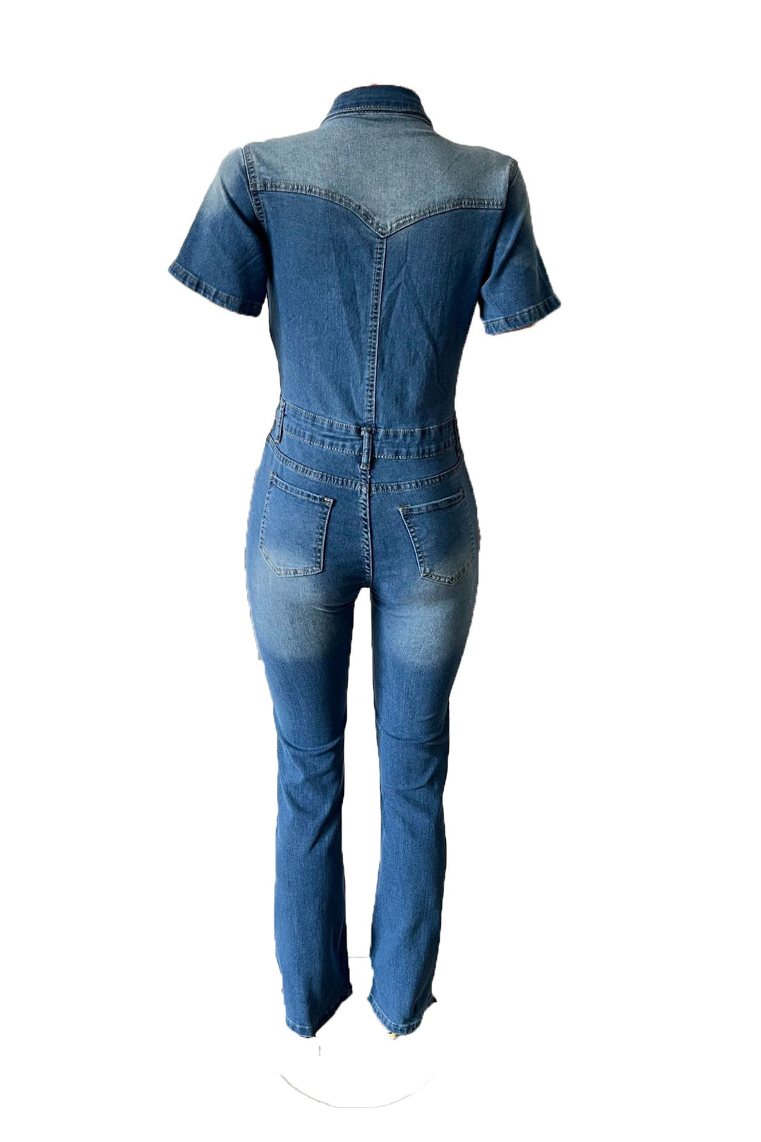 Short Sleeve High Waist Denim Jumpsuits Blue · 2XL