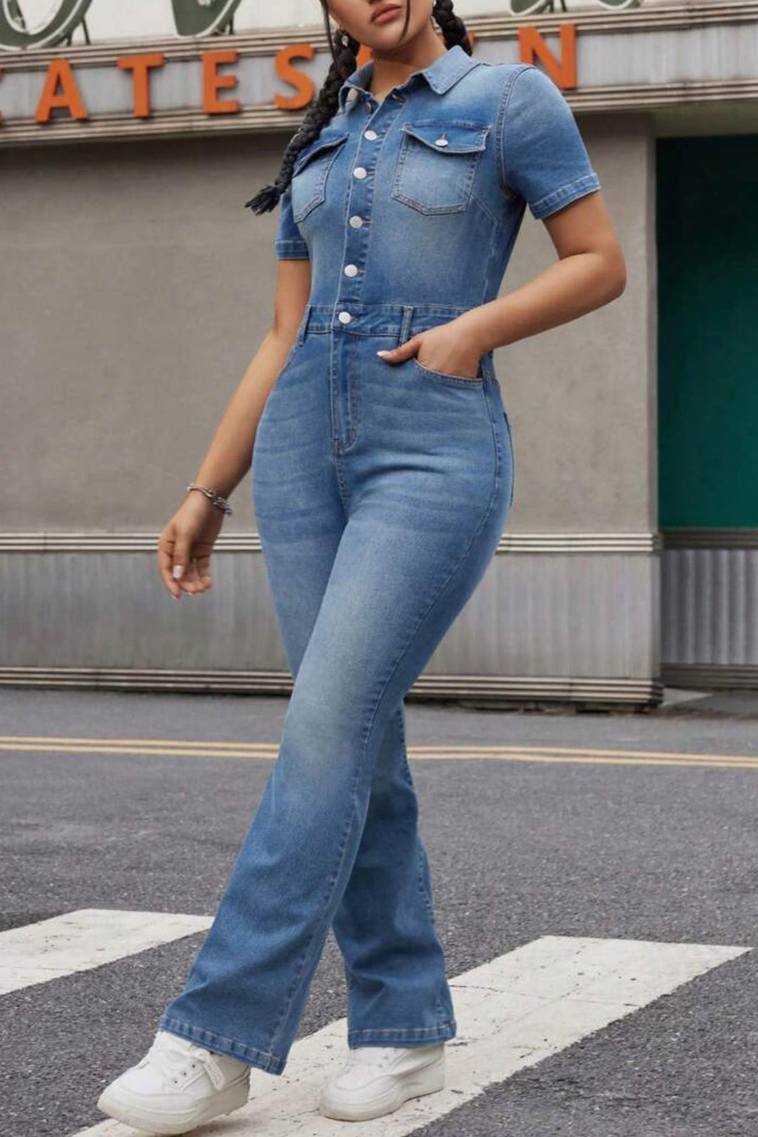 Short Sleeve High Waist Denim Jumpsuits Blue · S