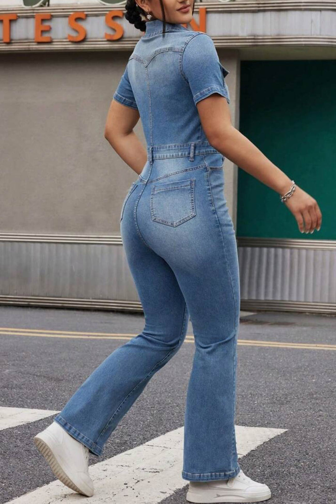 Short Sleeve High Waist Denim Jumpsuits Blue · M