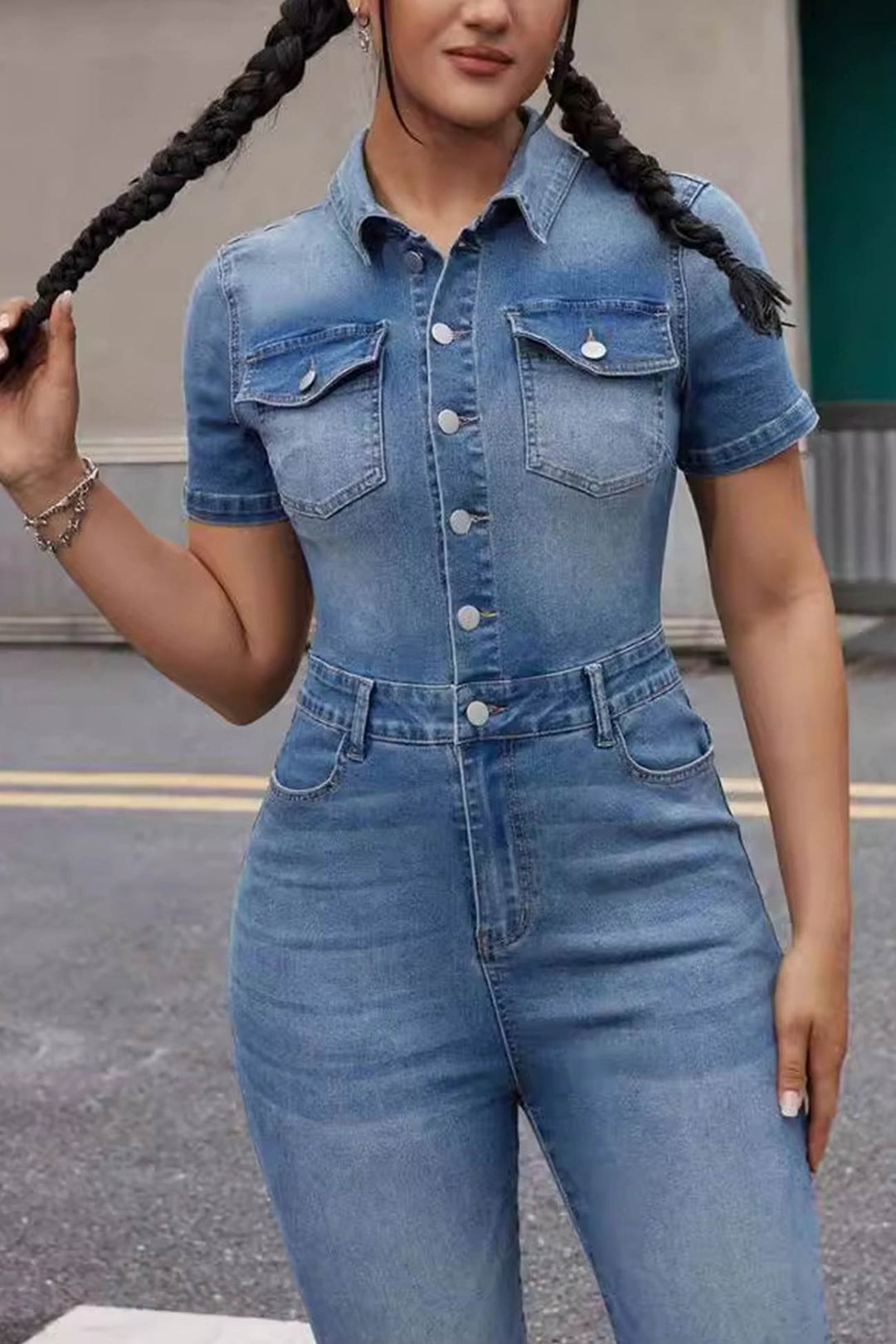 Short Sleeve High Waist Denim Jumpsuits Blue · L