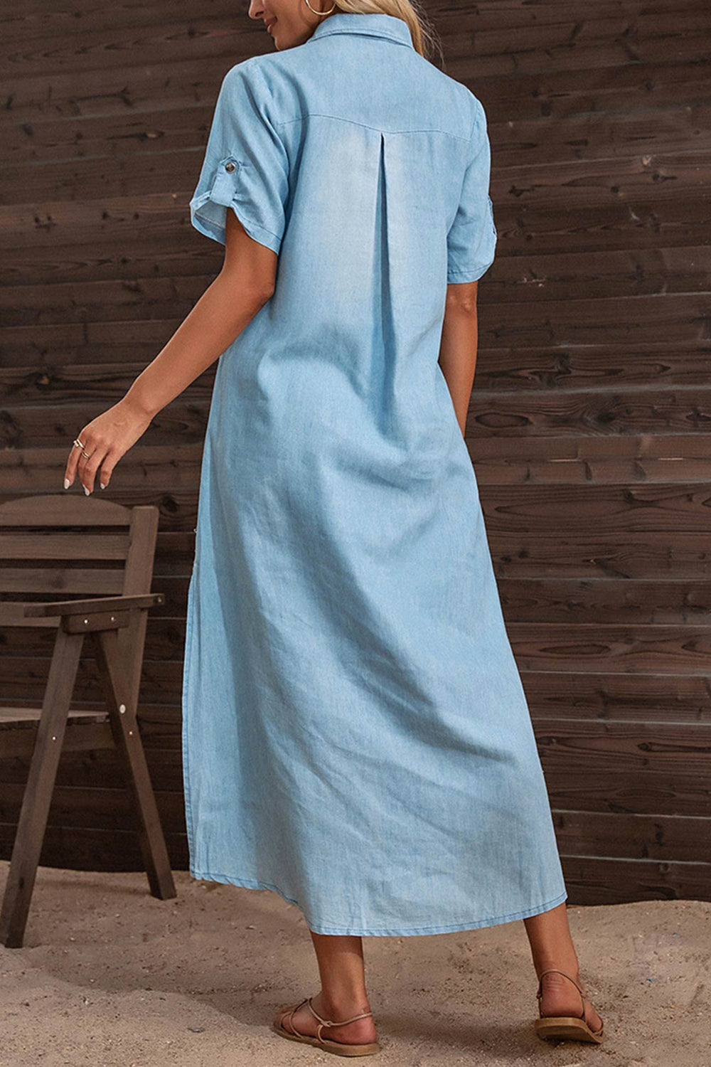Short Sleeve Lapel Side Slit Denim Dress Blue · M