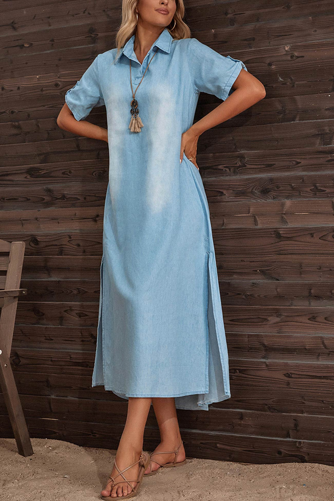 Short Sleeve Lapel Side Slit Denim Dress Blue · S