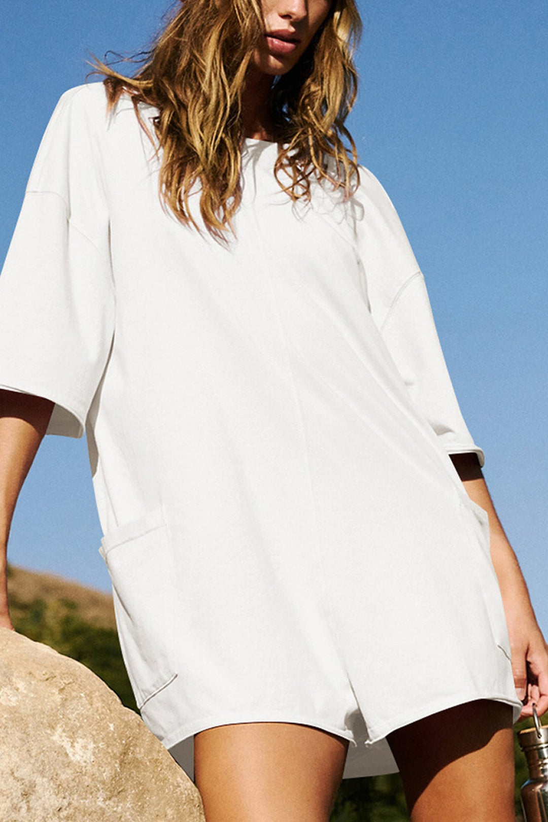 Short Sleeve Pocketed Backless Rompers Off-white · M
