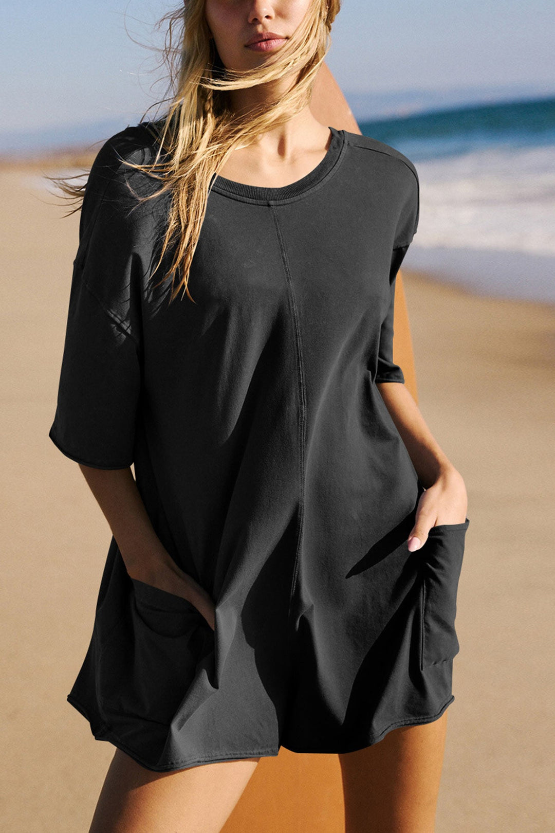 Short Sleeve Pocketed Backless Rompers Black · XL