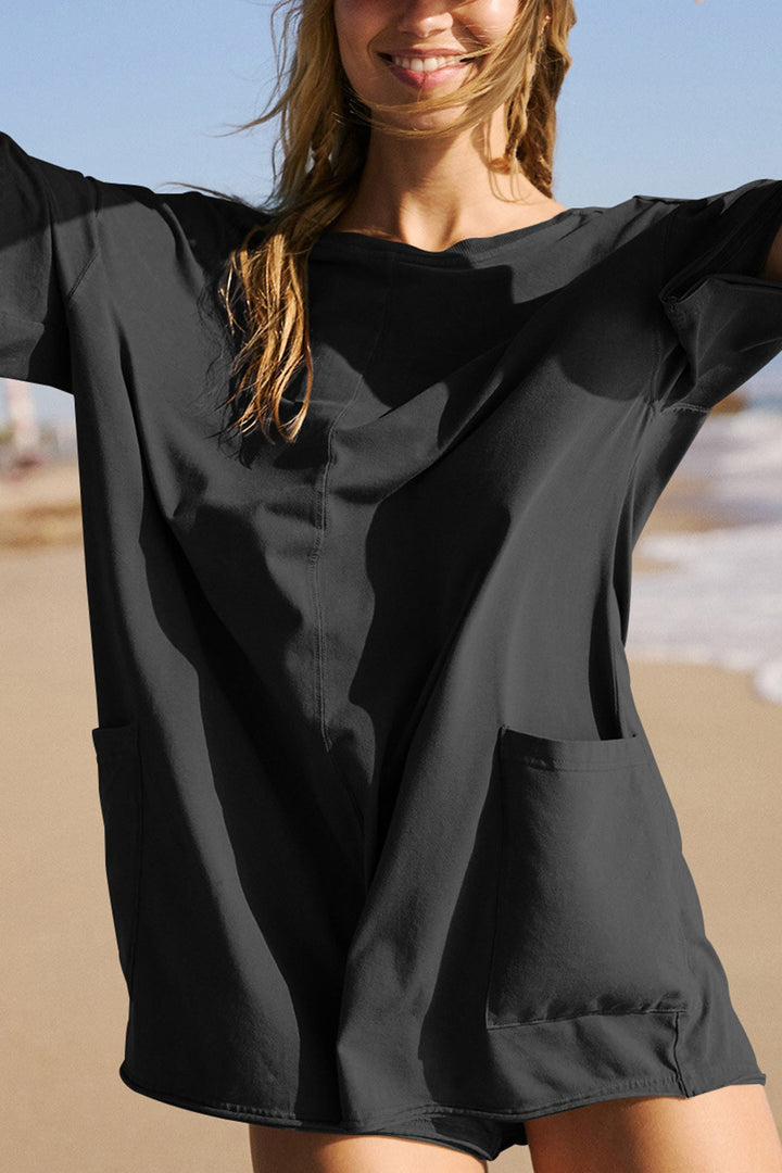 Short Sleeve Pocketed Backless Rompers Blue · S