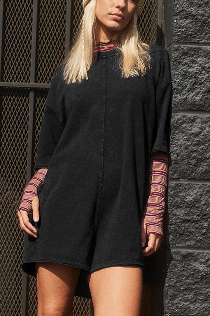 Short Sleeve Pocketed Backless Rompers Black · M