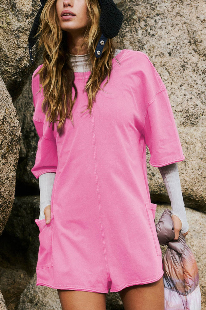 Short Sleeve Pocketed Backless Rompers Pink · XL