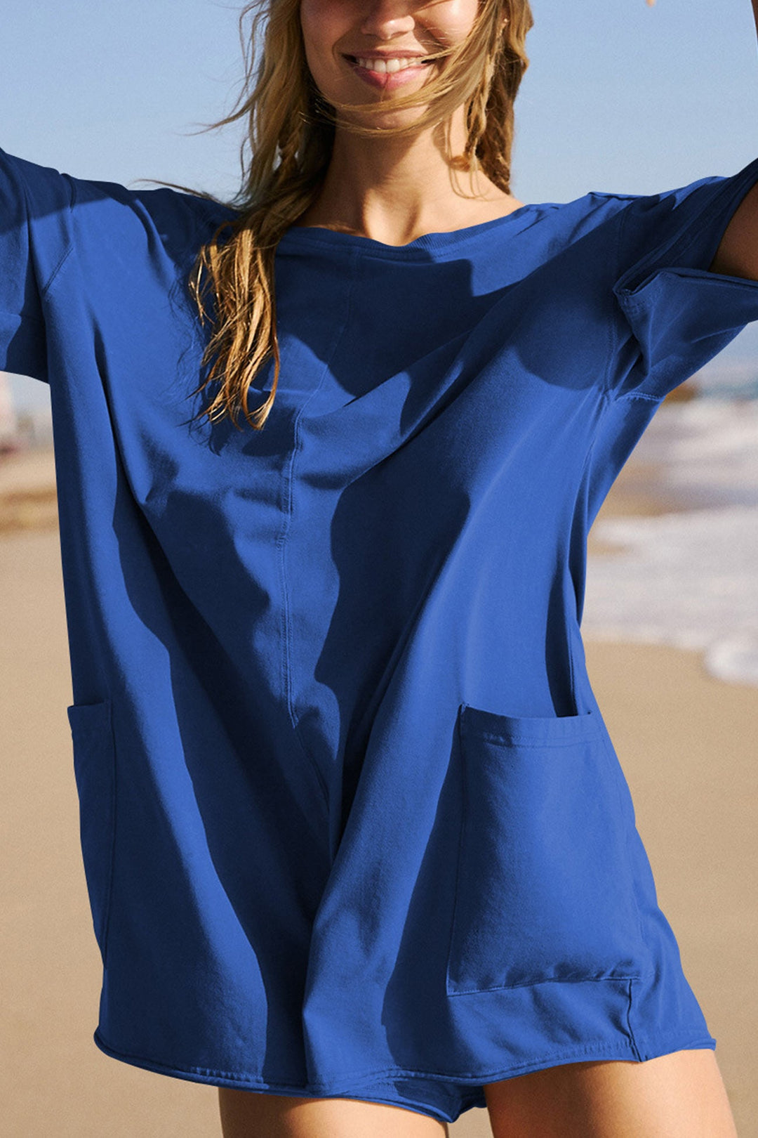 Short Sleeve Pocketed Backless Rompers Blue · L