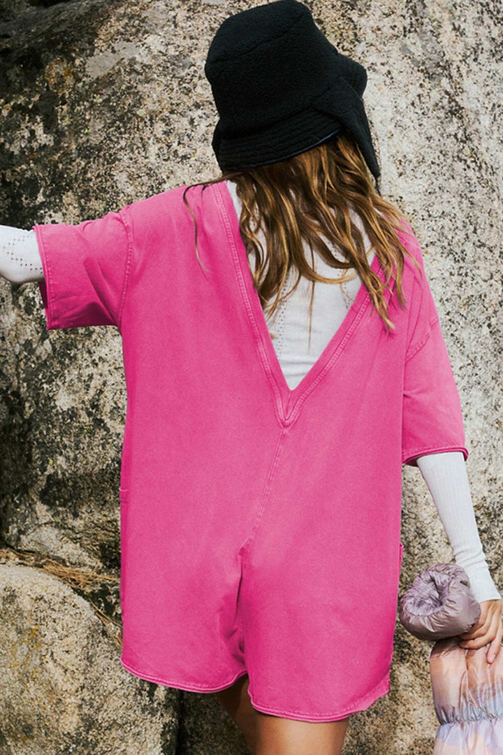 Short Sleeve Pocketed Backless Rompers Rose · L