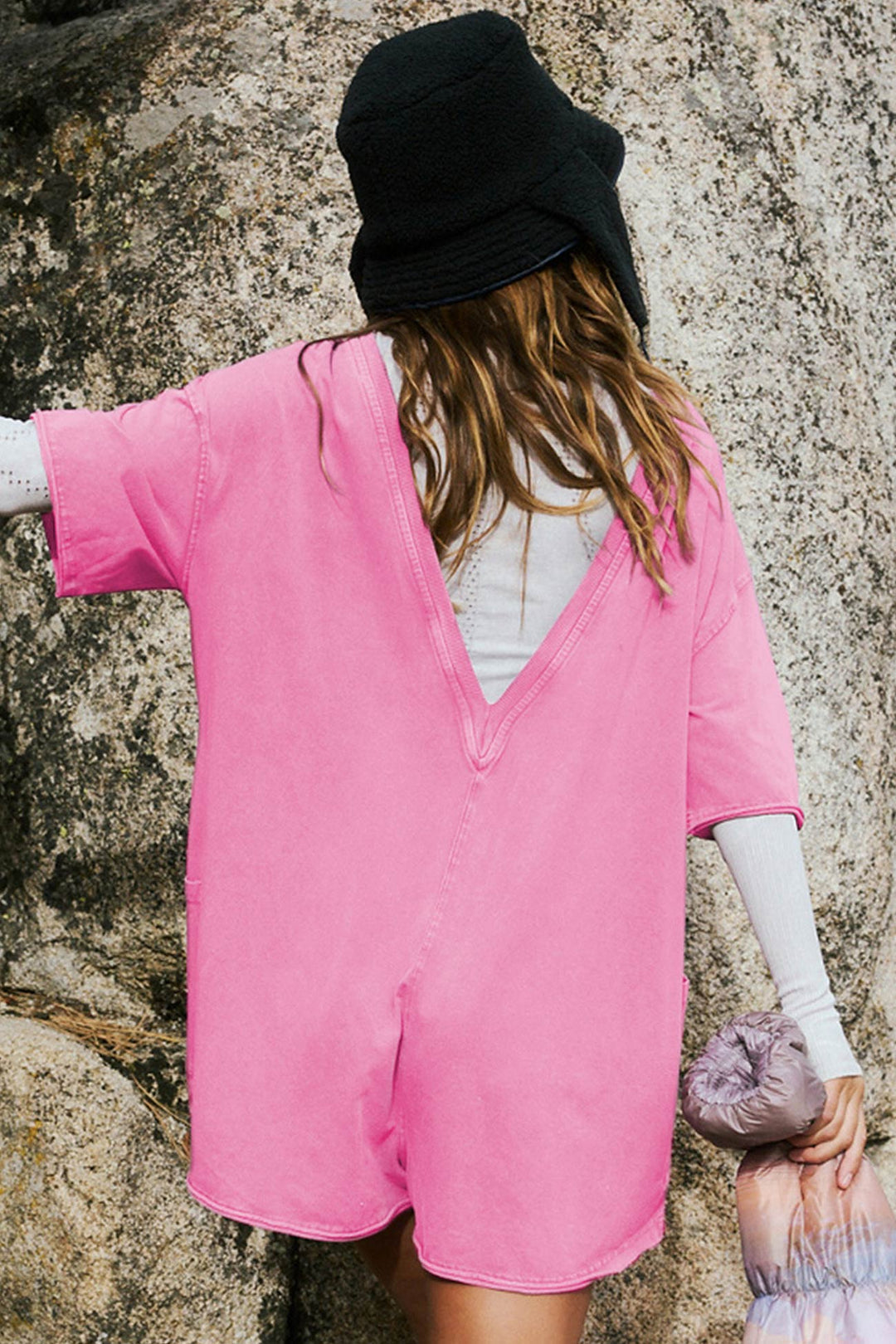 Short Sleeve Pocketed Backless Rompers Pink · S