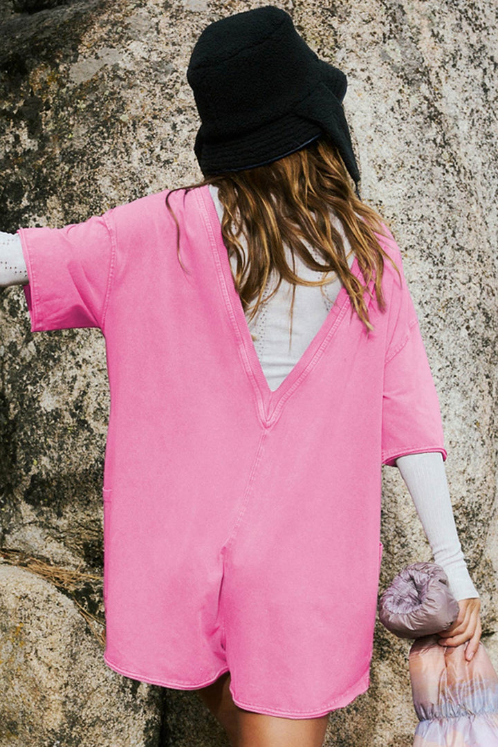 Short Sleeve Pocketed Backless Rompers Pink · S