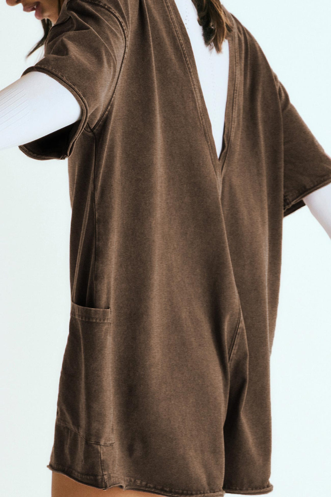 Short Sleeve Pocketed Backless Rompers Coffee · S