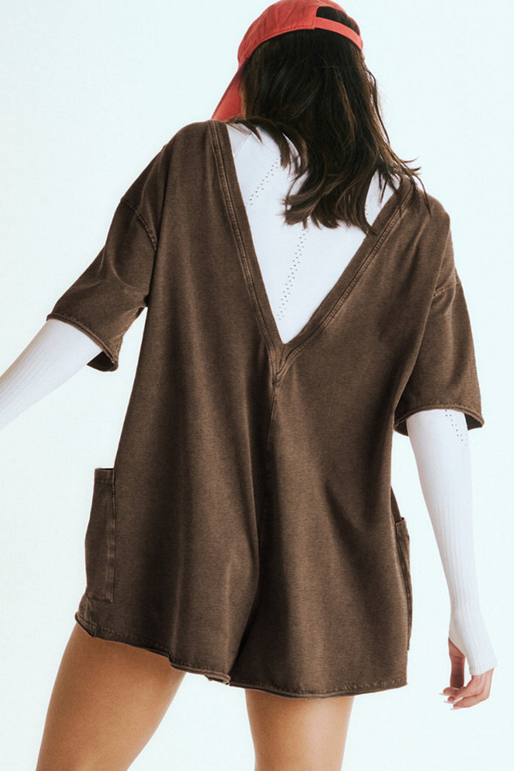 Short Sleeve Pocketed Backless Rompers Coffee · M