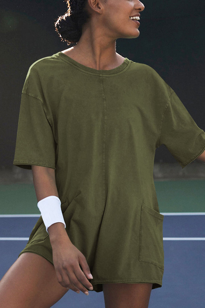 Short Sleeve Pocketed Backless Rompers Army Green · M