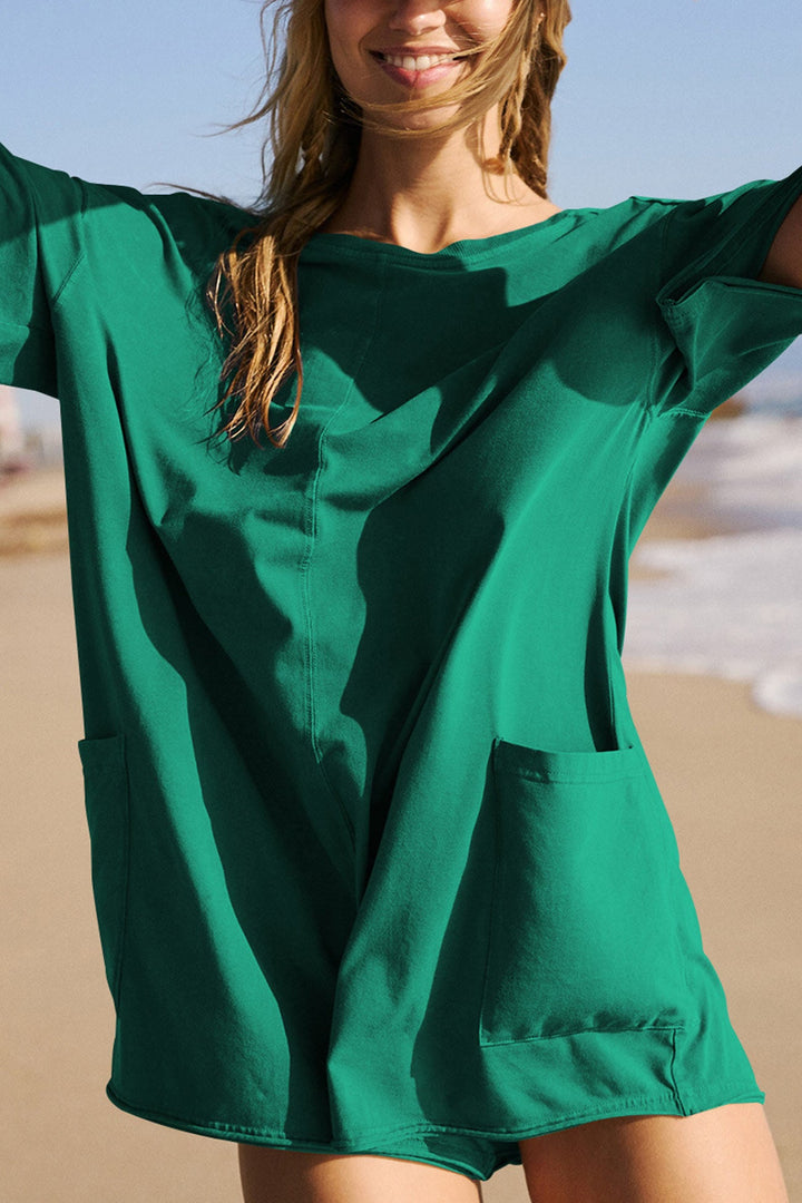 Short Sleeve Pocketed Backless Rompers Green · L