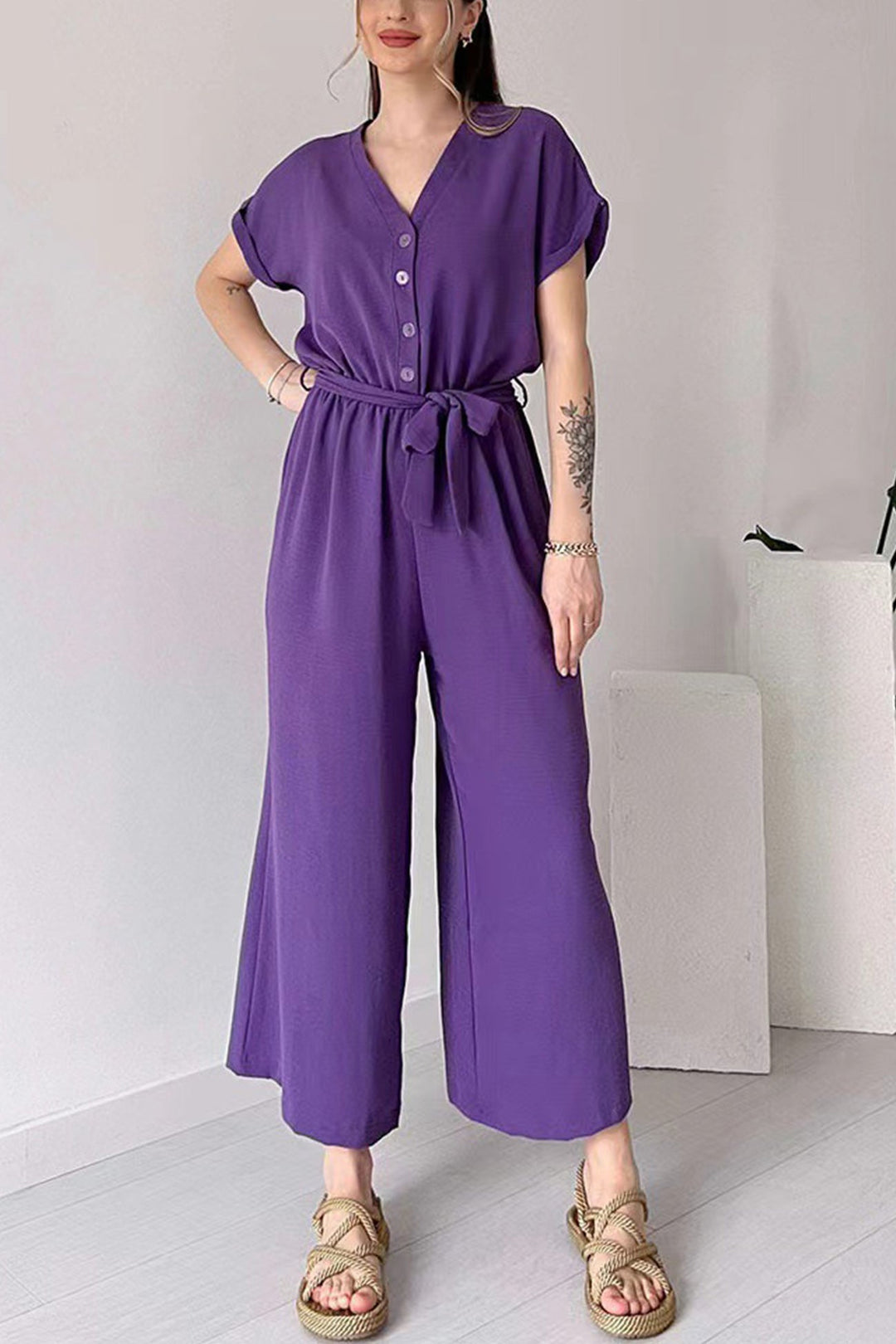 Short Sleeve Single-breasted Waisted Jumpsuits Black · XL