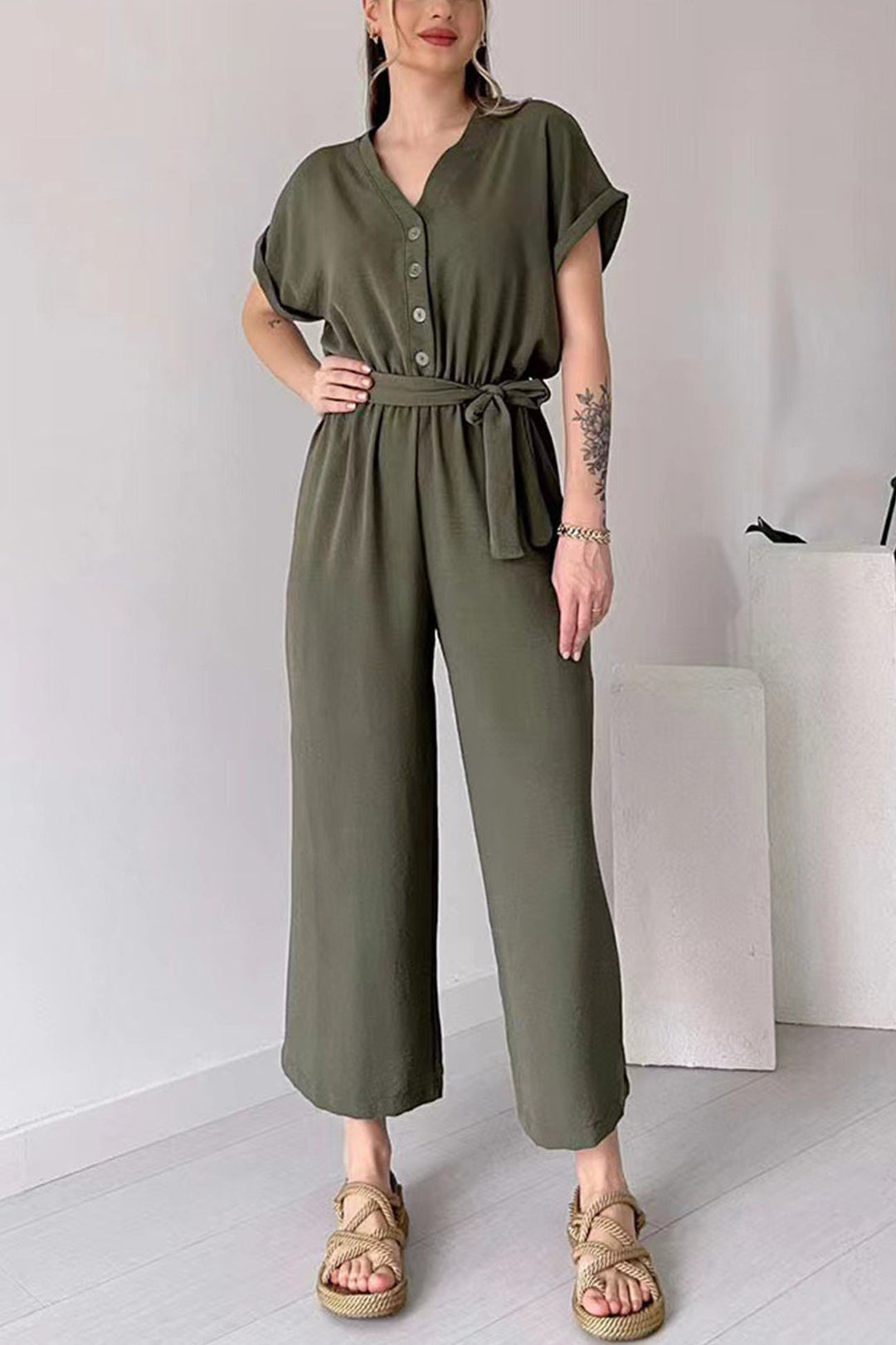 Short Sleeve Single-breasted Waisted Jumpsuits Black · S