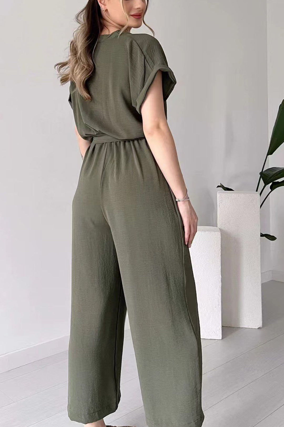 Short Sleeve Single-breasted Waisted Jumpsuits Black · M
