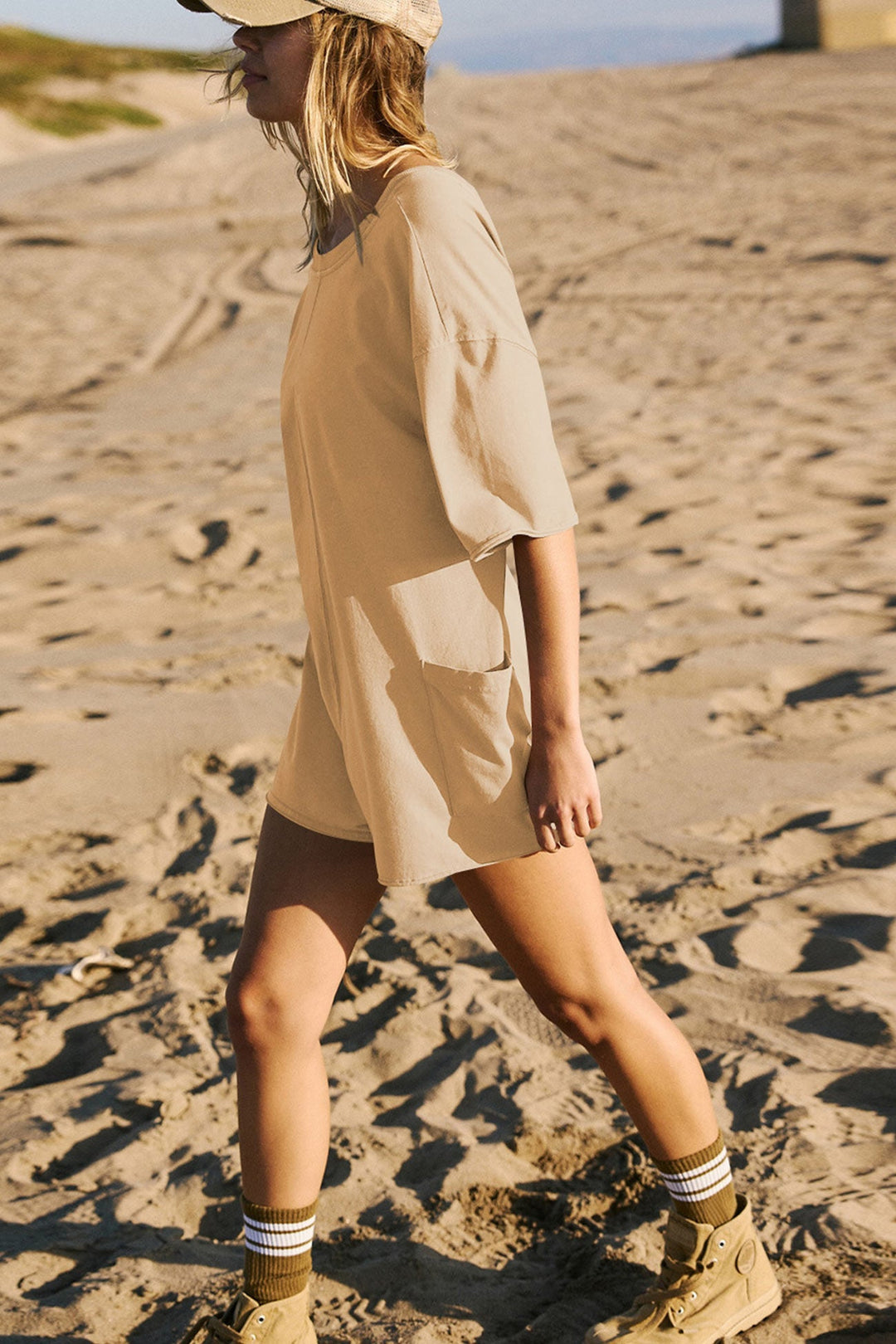 Short Sleeve Pocketed Backless Rompers Khaki · S