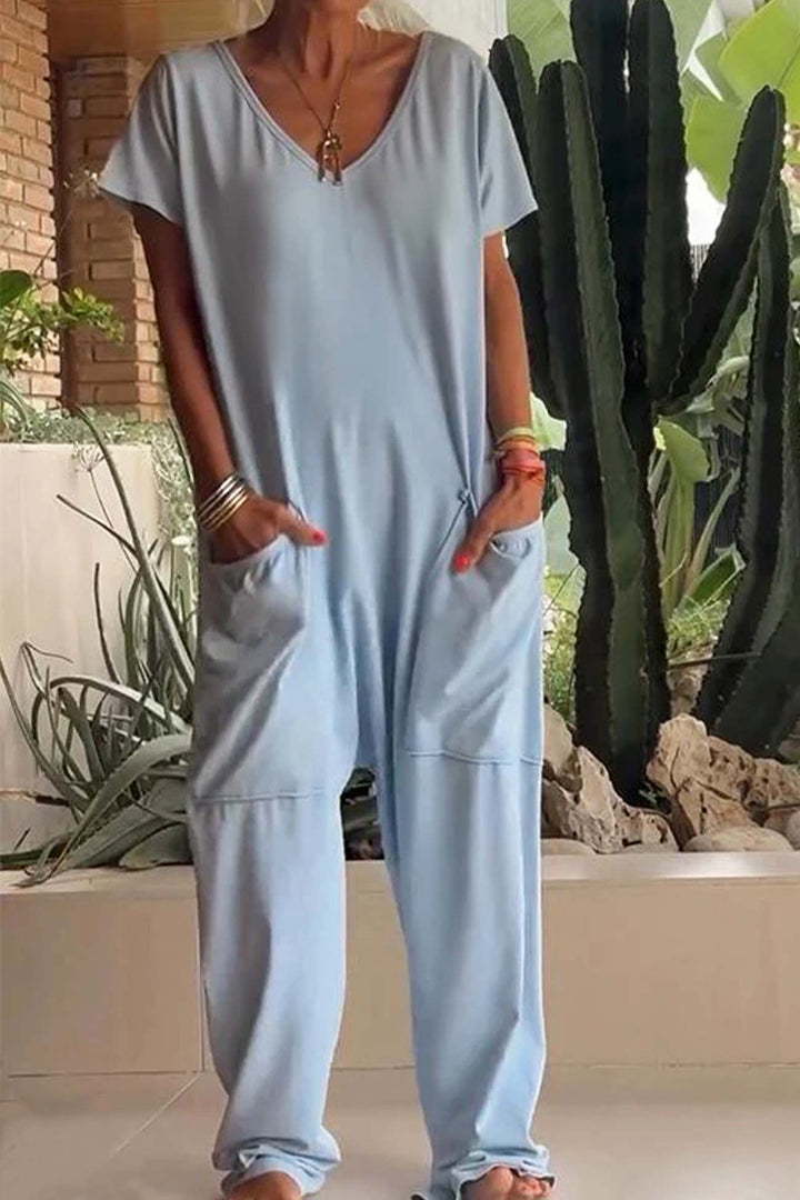 Short Sleeve V Neck Pocket Baggy Jumpsuit Pink · 2XL