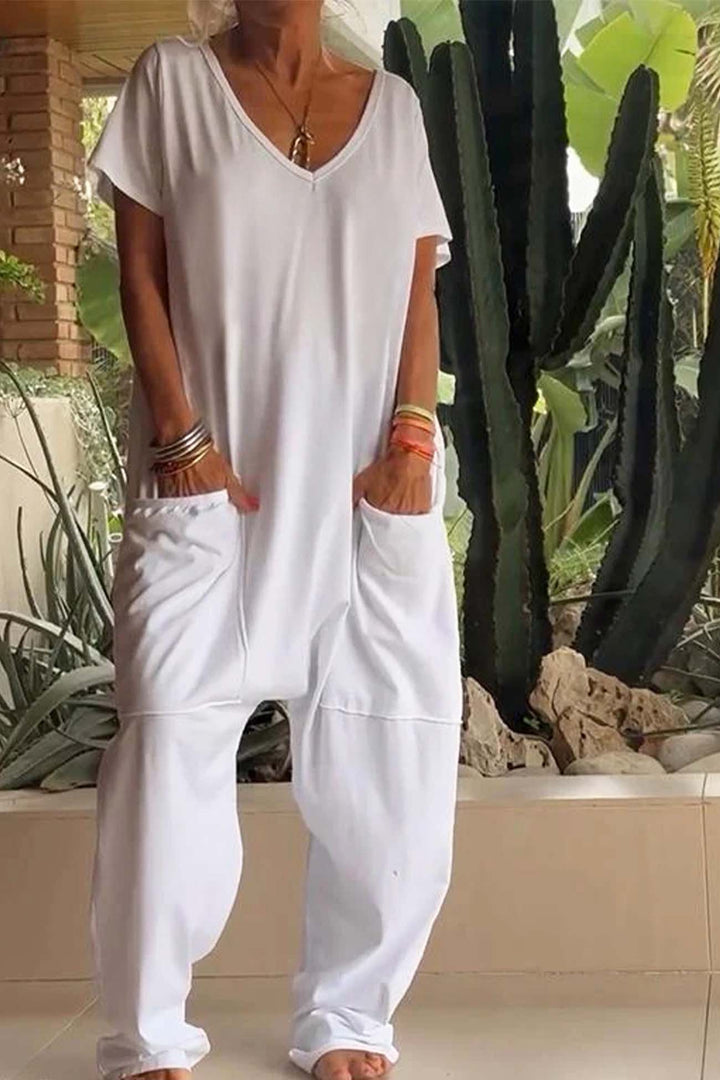 Short Sleeve V Neck Pocket Baggy Jumpsuit Pink · 3XL
