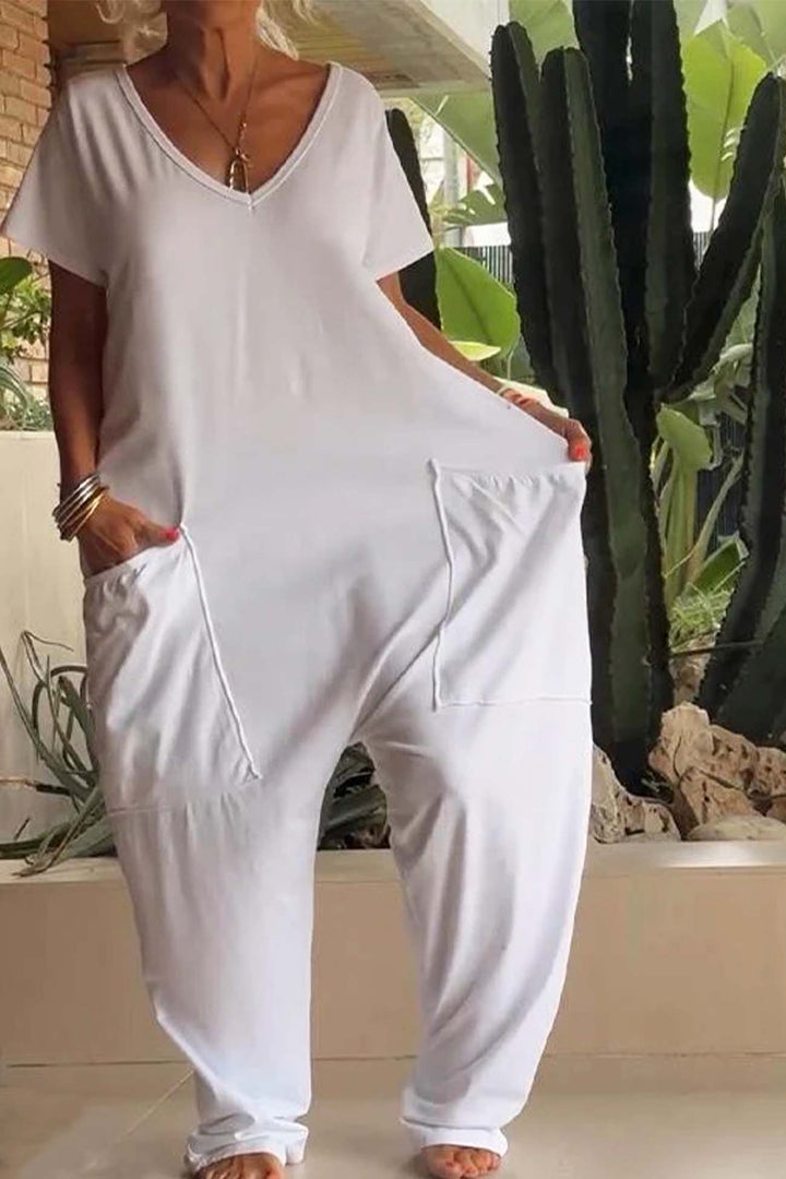 Short Sleeve V Neck Pocket Baggy Jumpsuit Pink · 4XL