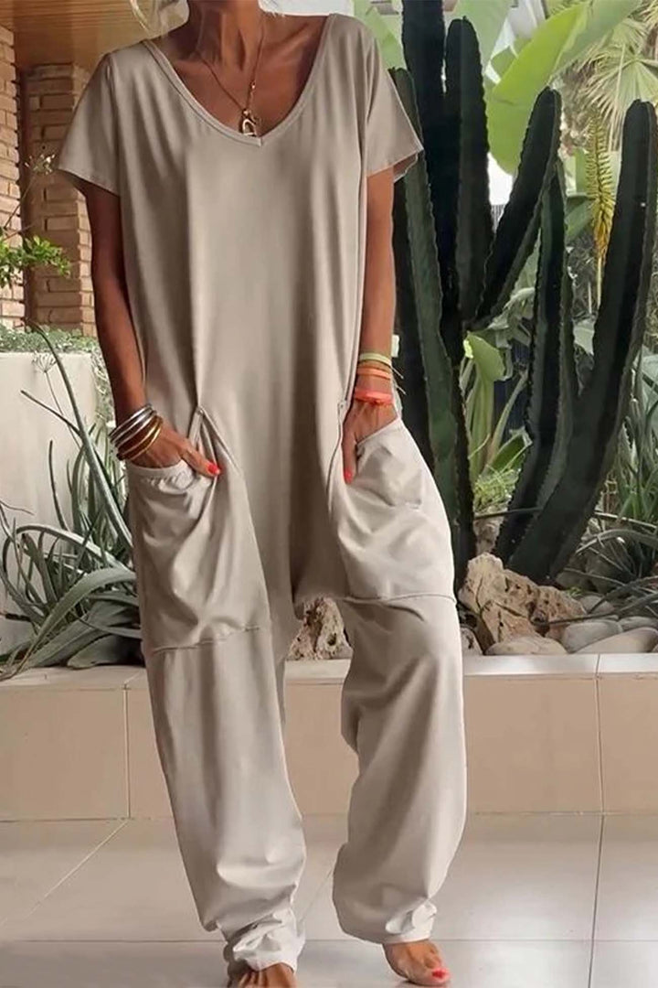 Short Sleeve V Neck Pocket Baggy Jumpsuit Pink · XL