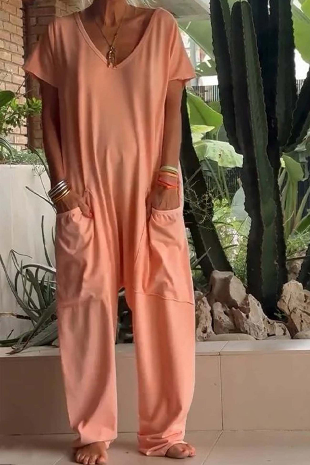 Short Sleeve V Neck Pocket Baggy Jumpsuit Pink · L