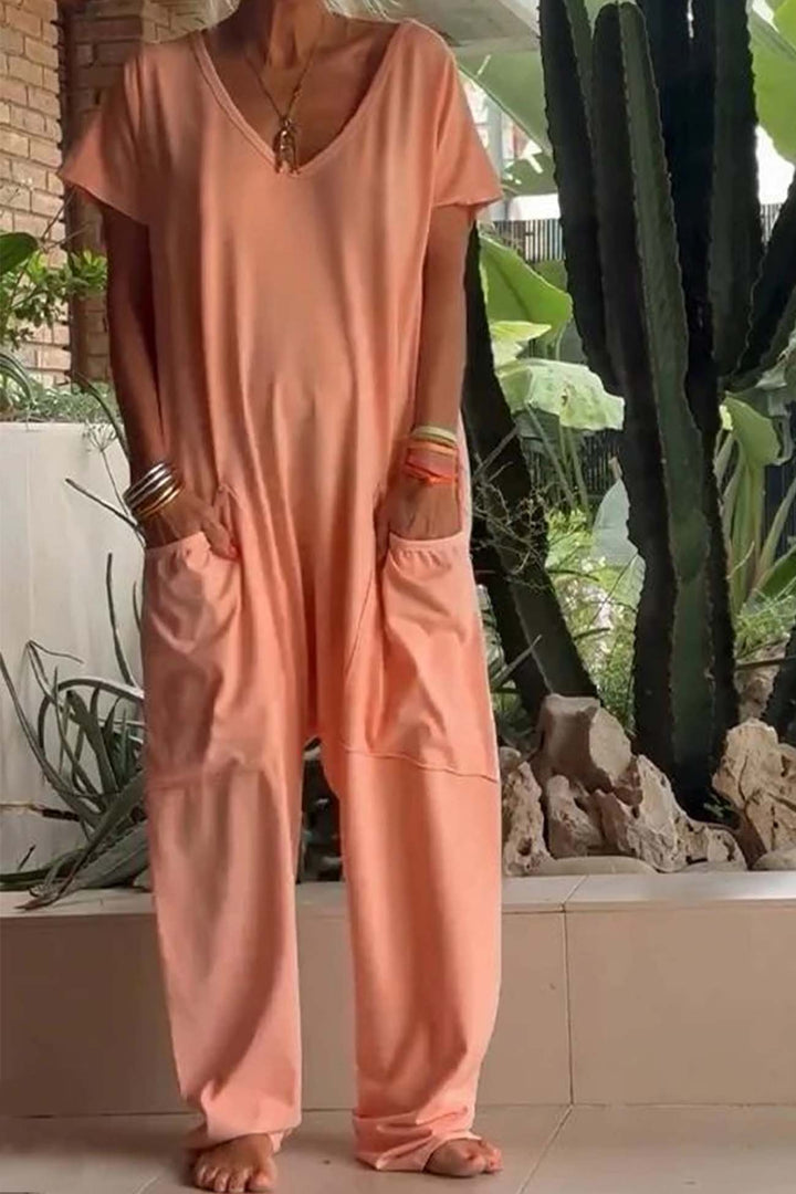 Short Sleeve V Neck Pocket Baggy Jumpsuit Pink · L