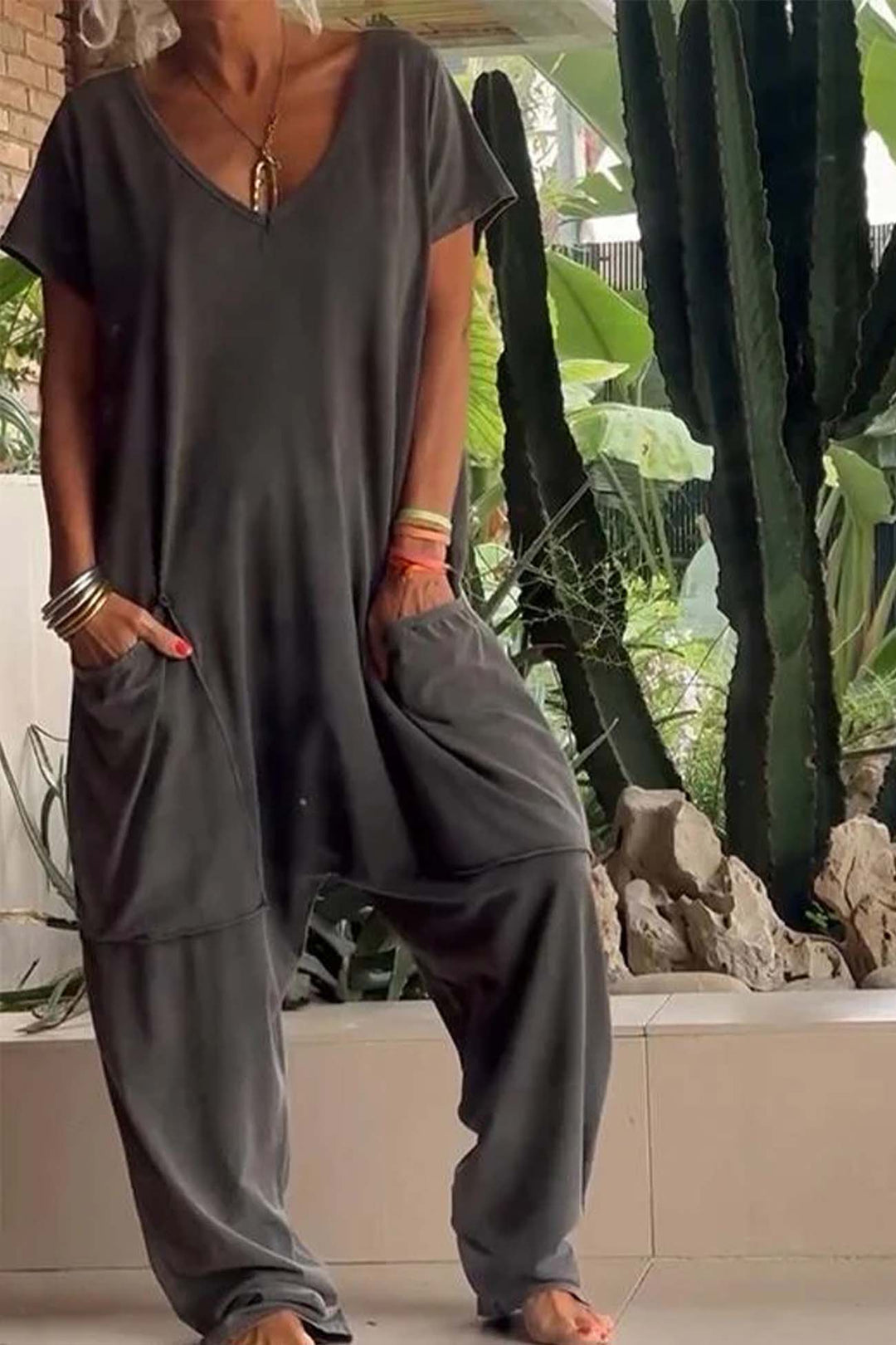 Short Sleeve V Neck Pocket Baggy Jumpsuit Pink · S