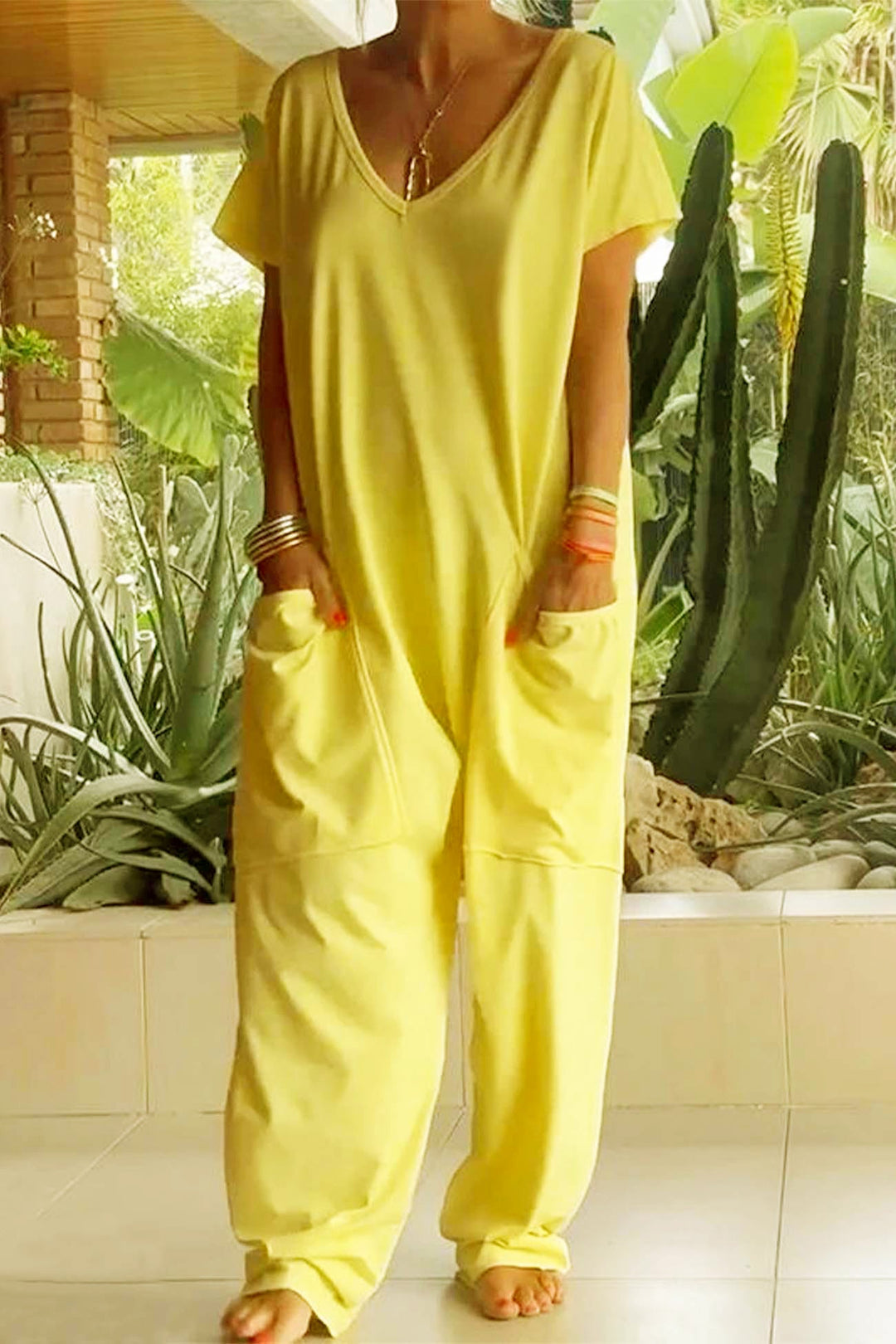 Short Sleeve V Neck Pocket Baggy Jumpsuit Pink · M