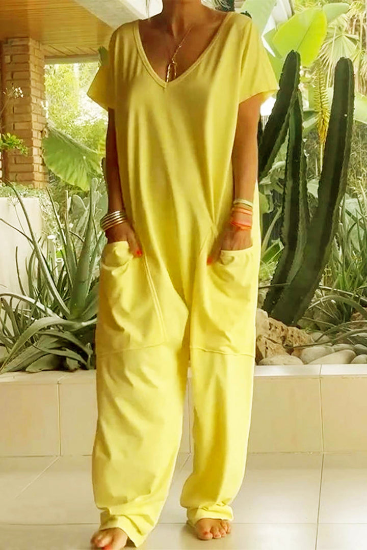 Short Sleeve V Neck Pocket Baggy Jumpsuit Pink · M