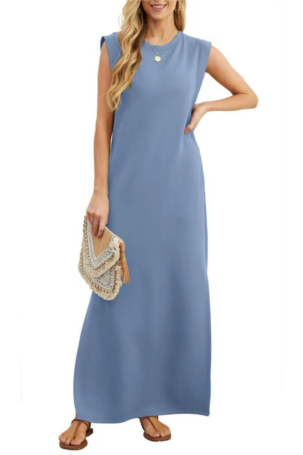 Side Slit Pocket Tank Maxi Dress White · M