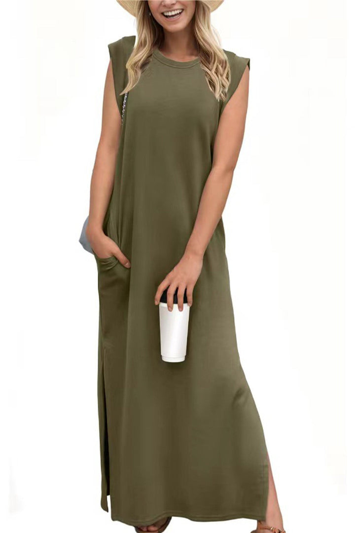 Side Slit Pocket Tank Maxi Dress Light Khaki · M