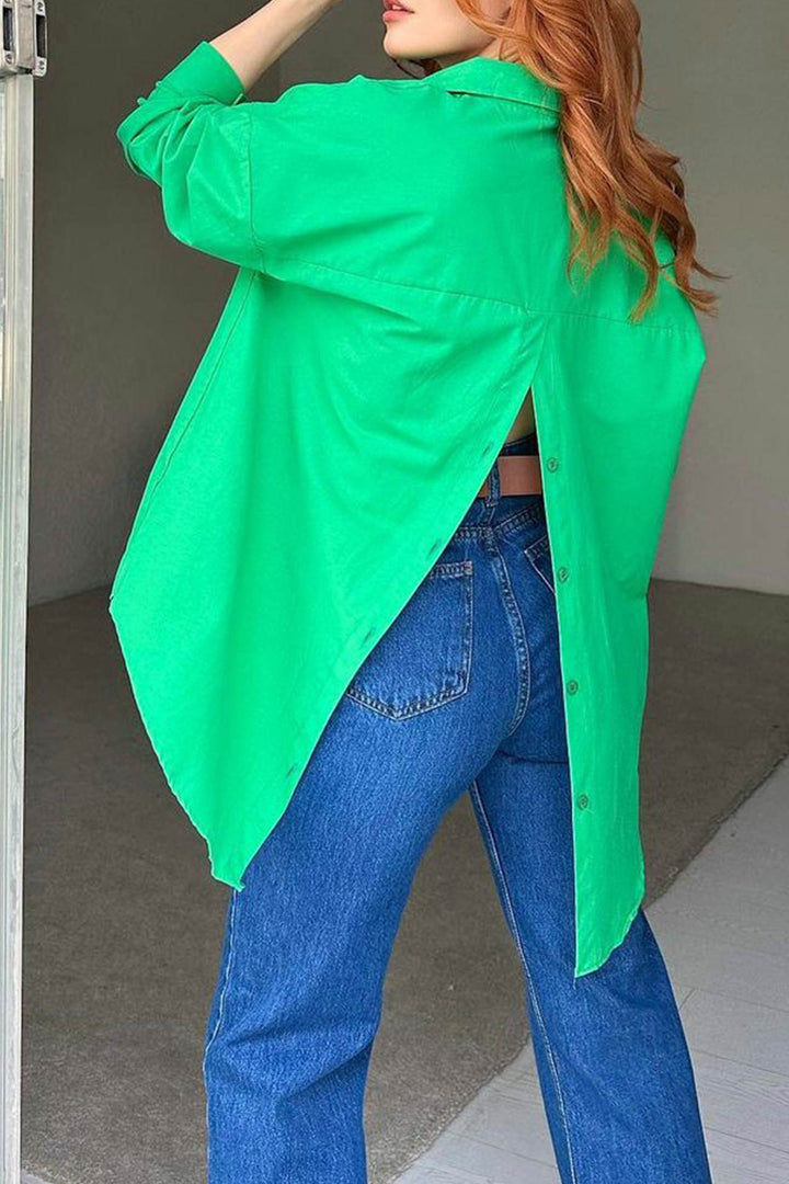 Single-breasted Back Slit Solid Blouse White · 2XL