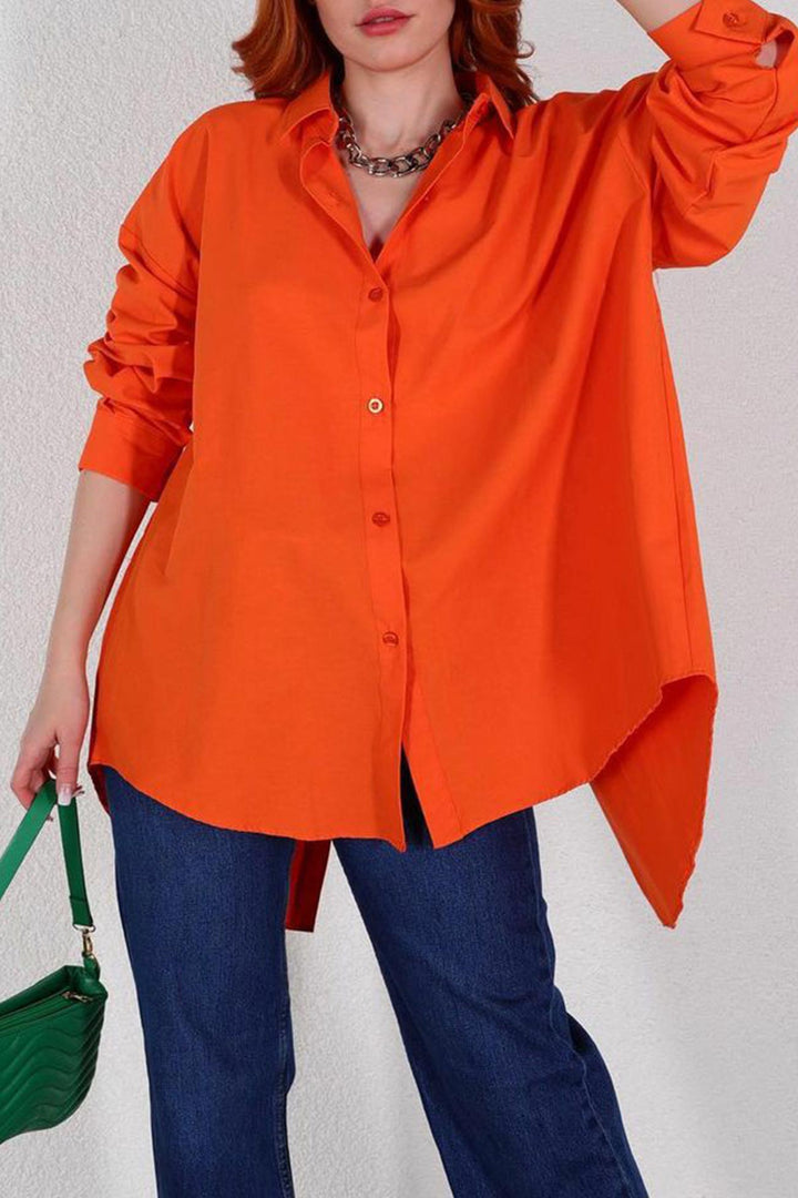 Single-breasted Back Slit Solid Blouse Orange · M