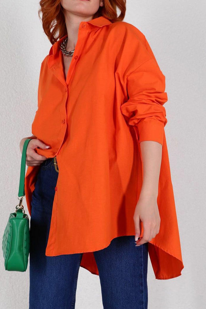 Single-breasted Back Slit Solid Blouse Orange · L
