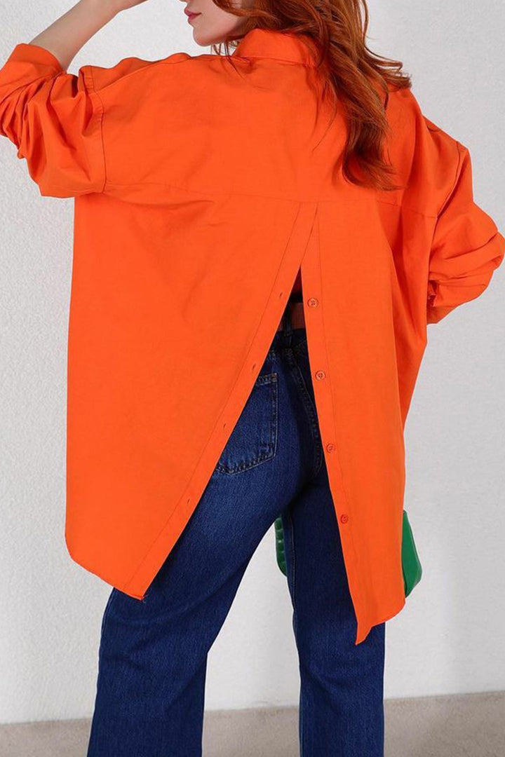 Single-breasted Back Slit Solid Blouse Orange · XL