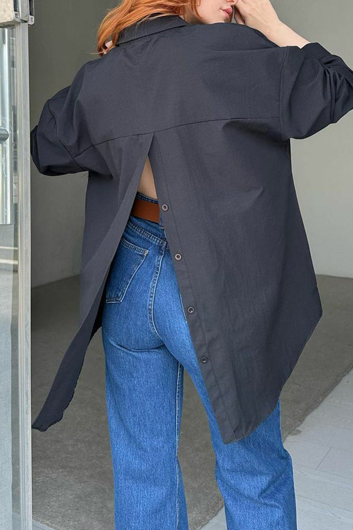 Single-breasted Back Slit Solid Blouse Kahki · M