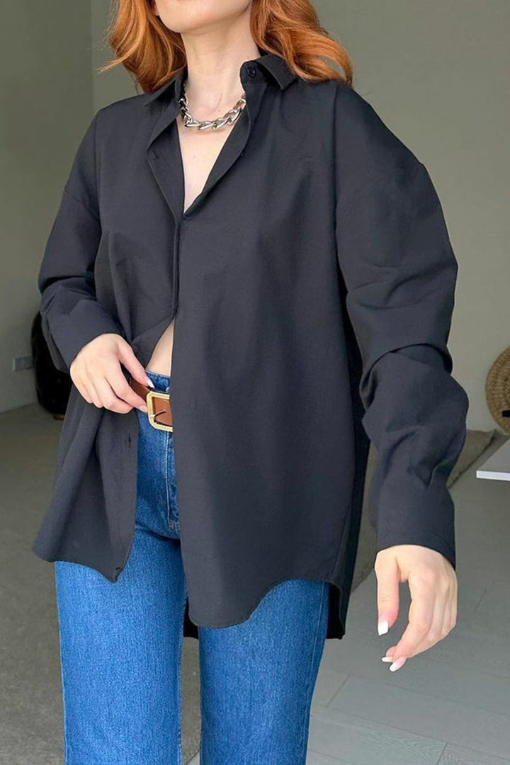 Single-breasted Back Slit Solid Blouse Kahki · L